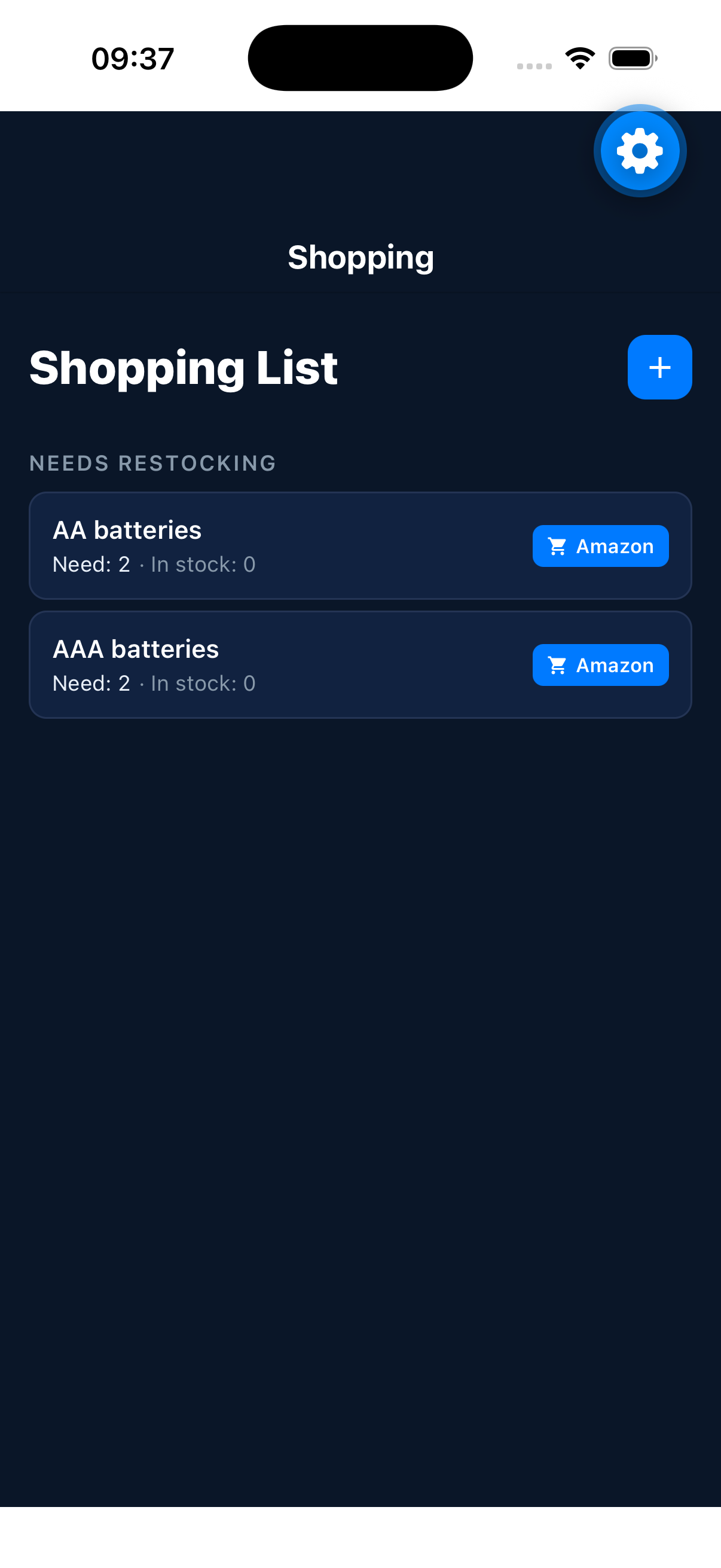 WheresMYBattery shopping list screen