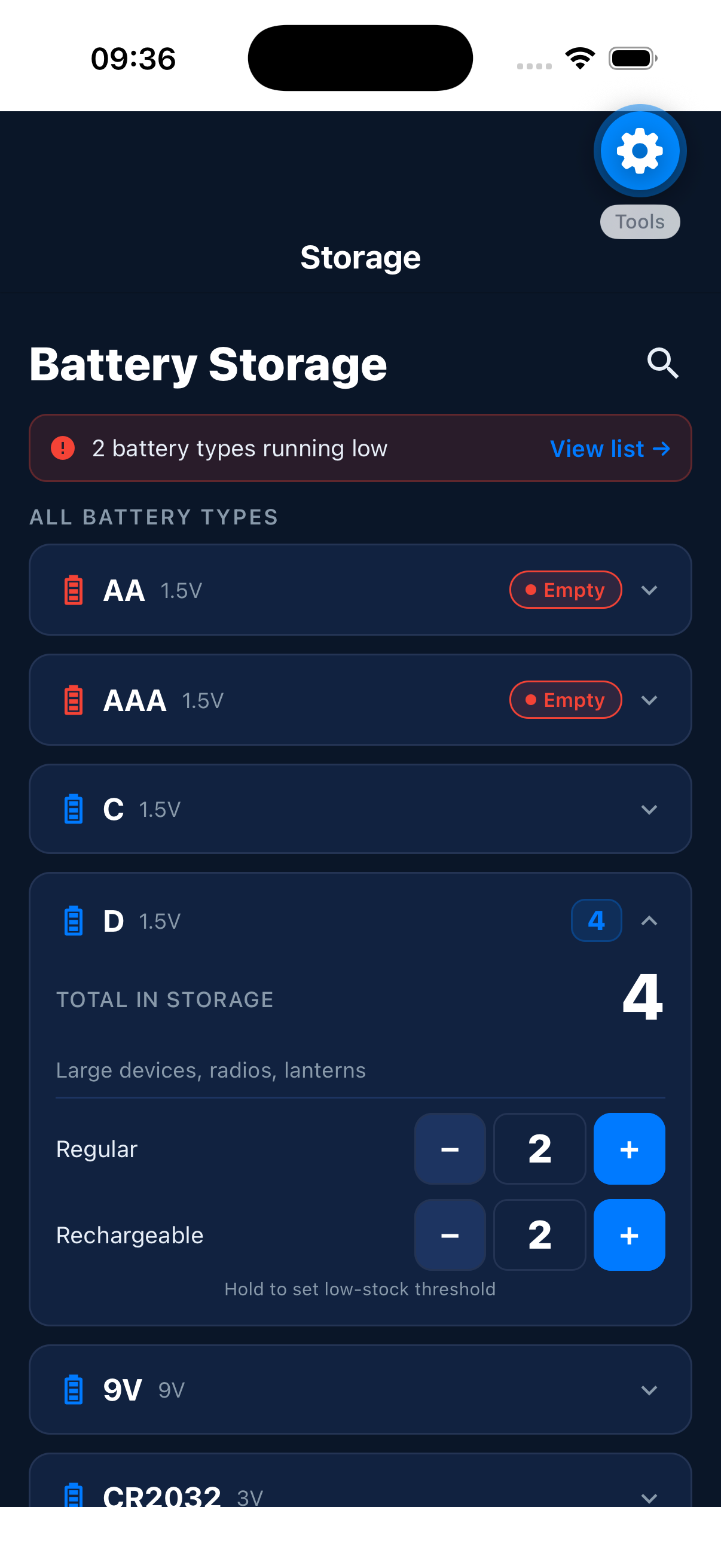 WheresMYBattery storage screen
