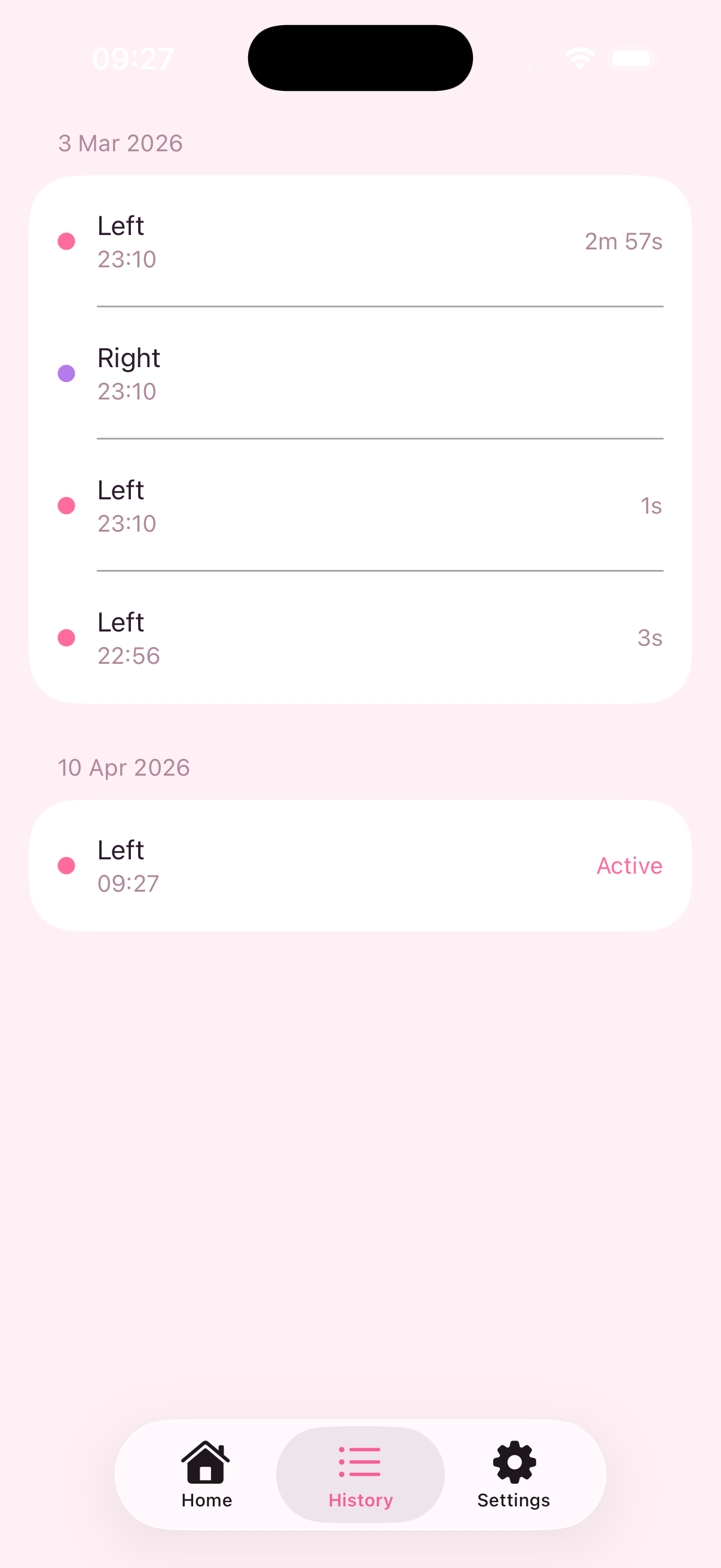 NurtureFlow history screen